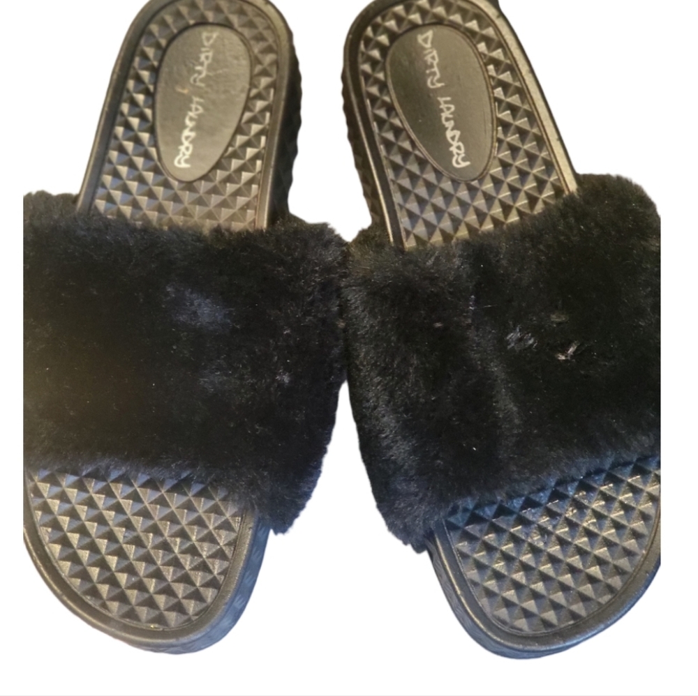DIRTY LAUNDRY Black. Platform Mules Fur slip-on Slide Women's sandals Size 9